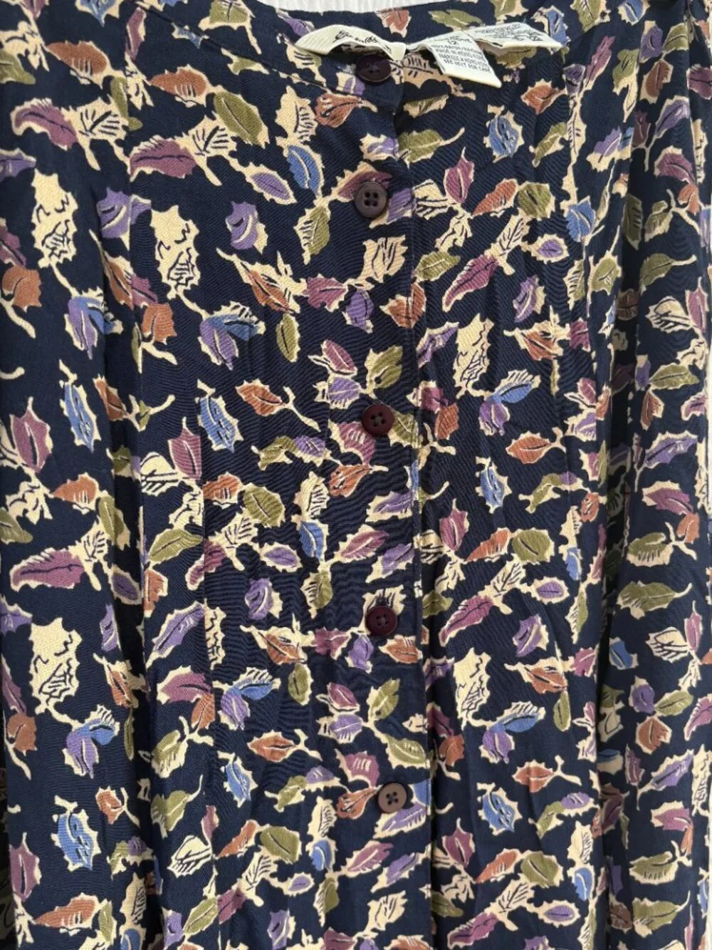 Vintage Eddie Bauer Pleated Midi Skirt Women's 12 Navy Blue Leaf Print Autumn - Picture 3 of 6